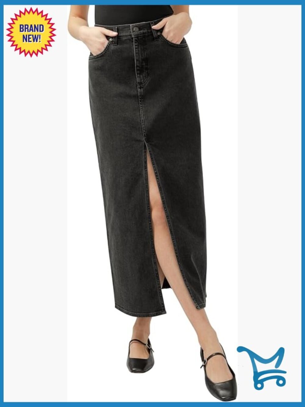 Front-Slit Jean Maxi Skirt Mid Rise Button Fly Low Stretch Denim Raw Hem